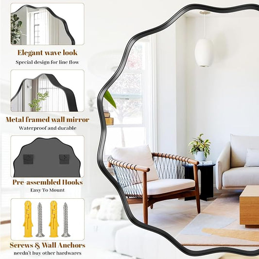 Round Wavy Mirror, 30 Inch Metal Frame Circle Mirror