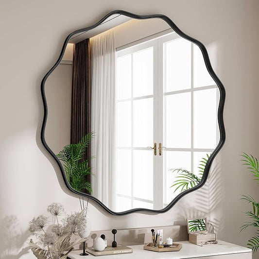 Round Wavy Mirror, 30 Inch Metal Frame Circle Mirror